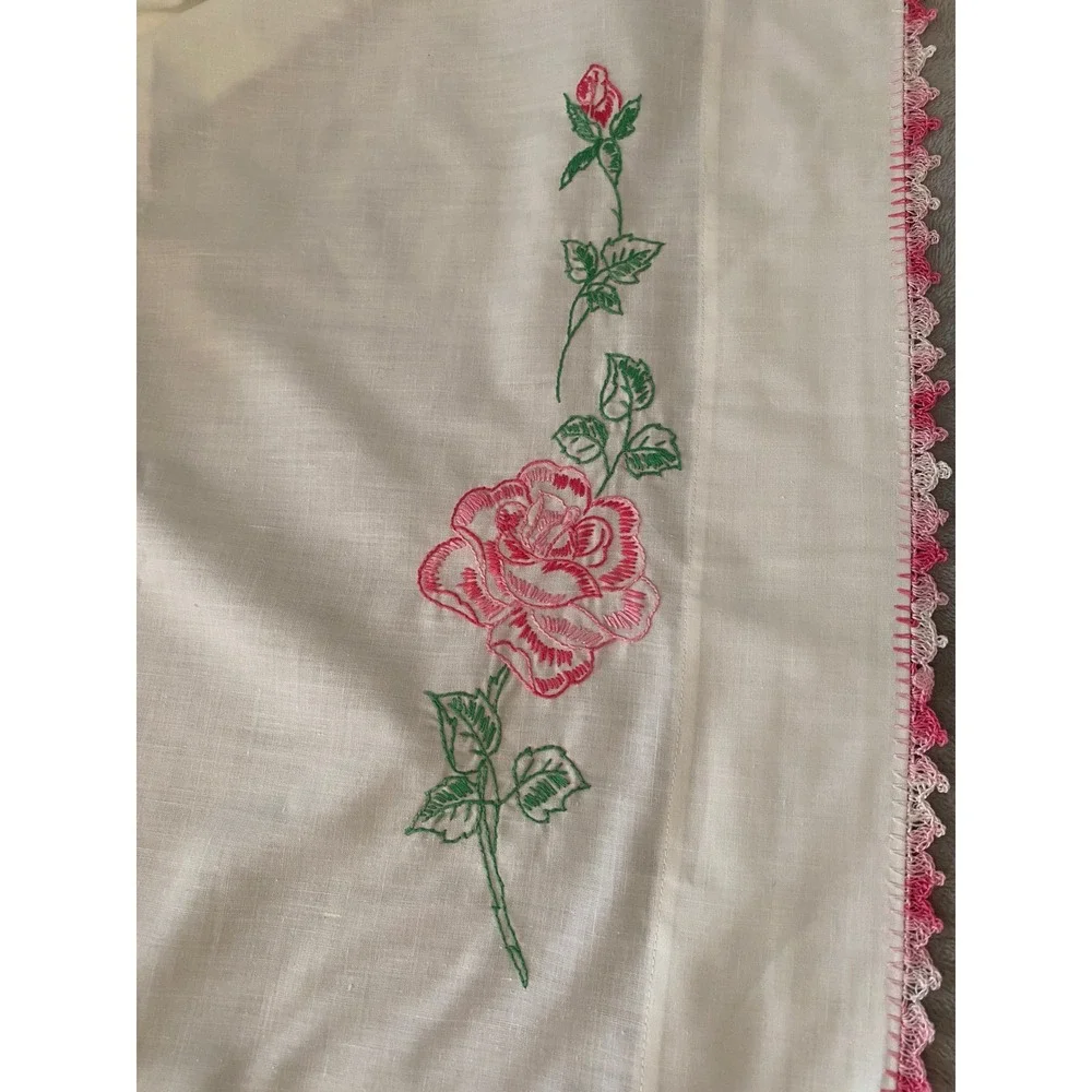 First Lady Sheet Set Full White Pink Rose Embroidered Crochet Trim VTG Muslin
